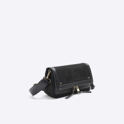 Black zip flapover cross body bag River Island