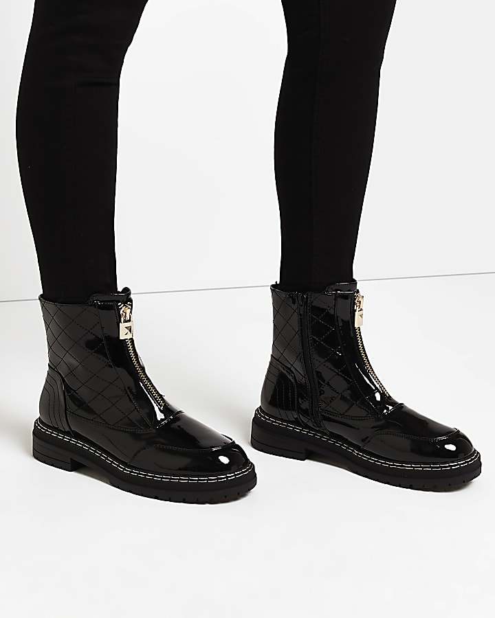 Black zip front ankle boots