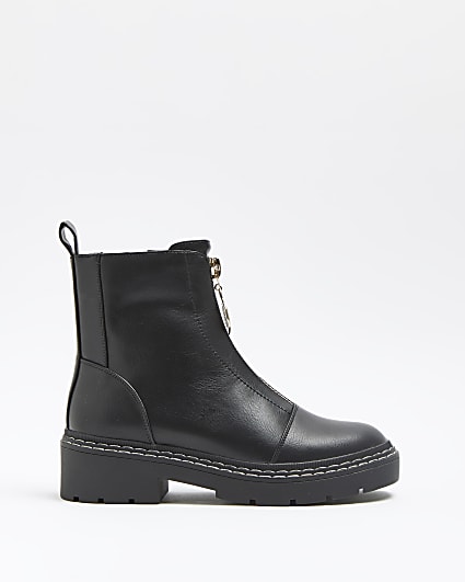 Black zip front ankle boots