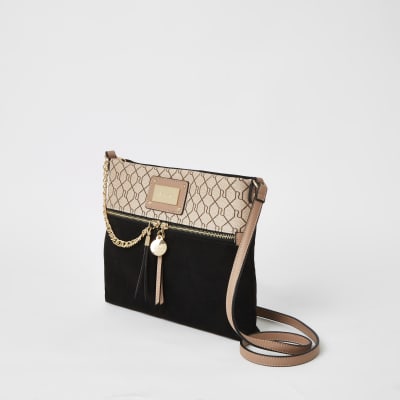 Black zip front cross body messenger Handbag