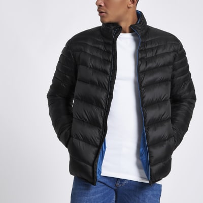 Black zip front funnel neck puffer jacket River Island