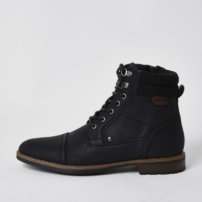 Black zip lace up casual boots | River Island