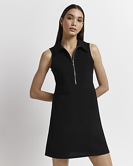 Black zip neck scuba mini dress