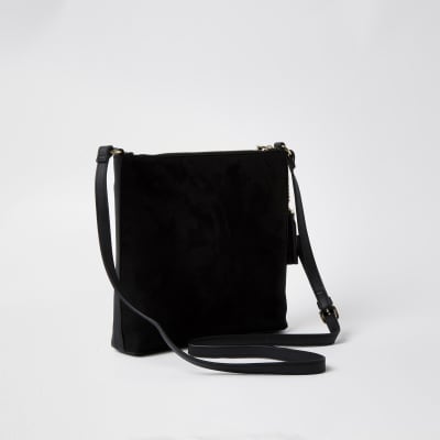 Black zip pocket messenger handbag
