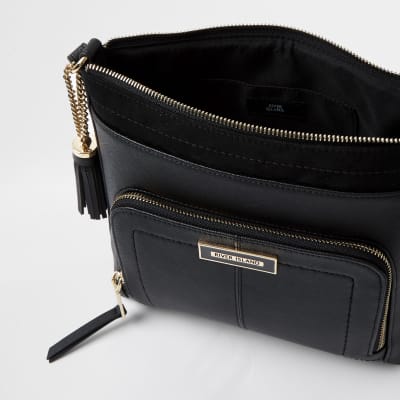 Black zip pocket messenger handbag