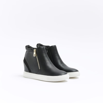 Black zip up wedge trainers | River Island