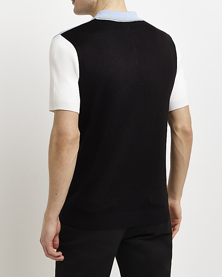 BlackSlim fit colour block knitted polo shirt