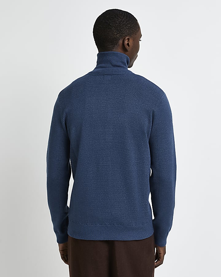 Blue  slim fit funnel zip neck knitted jumper