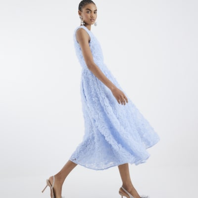 Blue 3D Floral Occasion Midi Dress