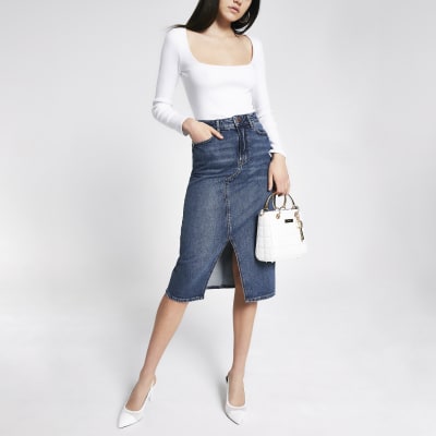 stretch denim midi skirt