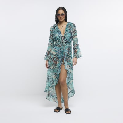 Blue animal print chiffon kaftan | River Island