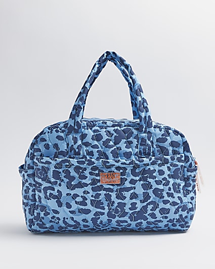 Blue animal print quilted weekend bag