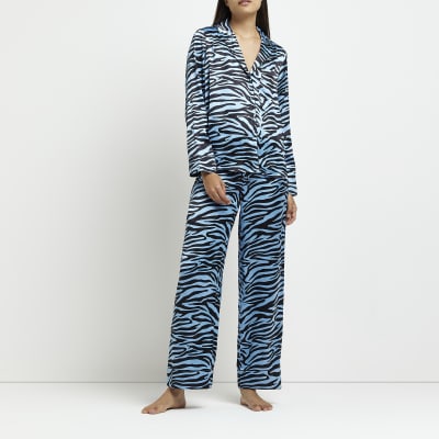 19 Momme Animal Printed Womens Navy Blue Tiger Silk Pajamas Set