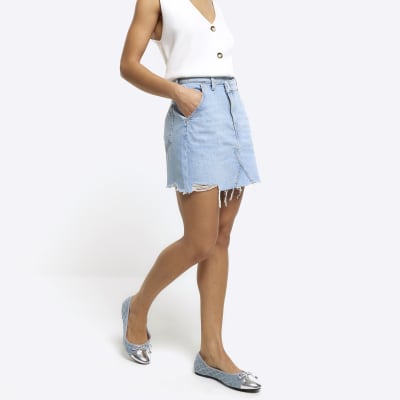 Blue asymmetric distressed denim mini skirt River Island