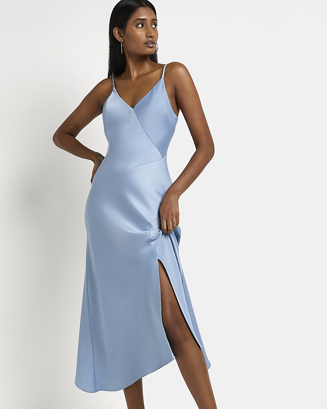 Blue asymmetric midi slip dress