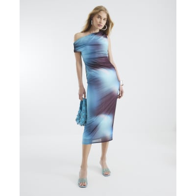 Blue Asymmetric Ombre Mesh Midi Dress