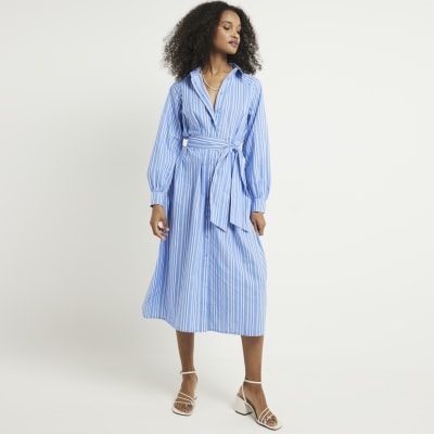 Blue balloon stripe midi shirt dress | River Island