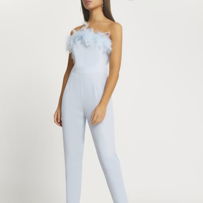 Blue bandeau feather hem tapered jumpsuit