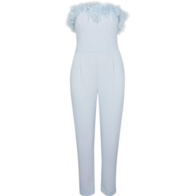 Blue bandeau feather hem tapered jumpsuit