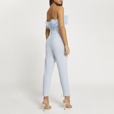 Blue bandeau feather hem tapered jumpsuit