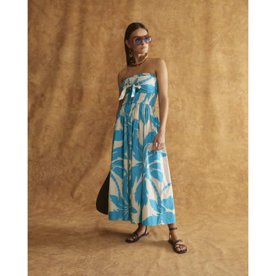 Blue Bandeau Poplin Midi Dress