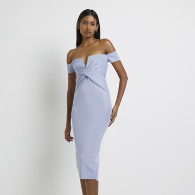 Blue Bardot Bodycon Midi Dress River Island