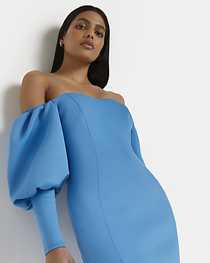Blue bardot bodycon mini dress