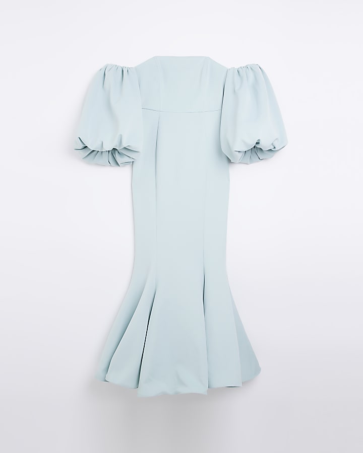 Blue bardot puff sleeve shift maxi dress