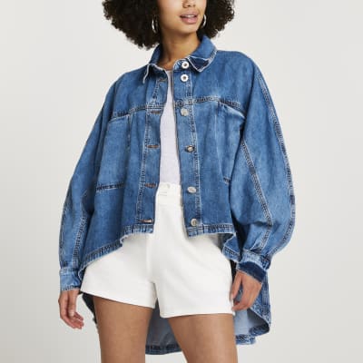 Blue batwing asymmetrical denim shirt | River Island