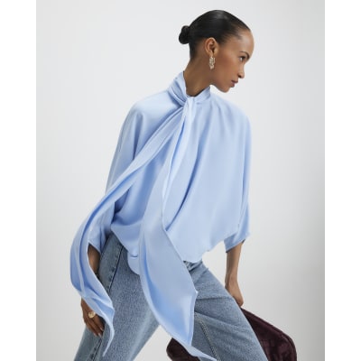 Blue Batwing Sleeve Pussybow Blouse