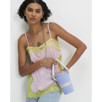 Blue Beaded Flower Pot Clutch Bag
