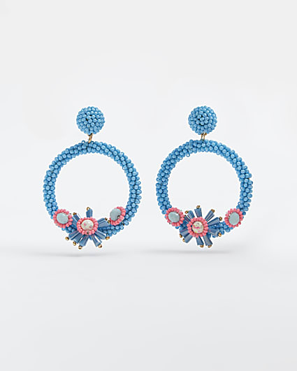 Blue beaded hoop drop earrings