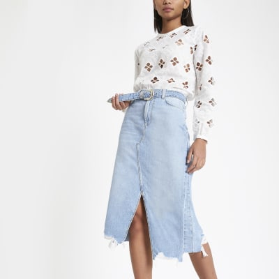 river island blue belted midi denim dress