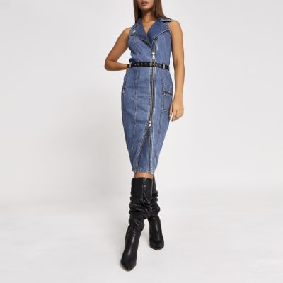 blue belted midi denim dress