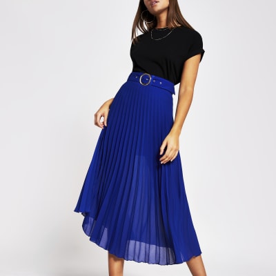 Blue belted pleated midi skirt | River Island