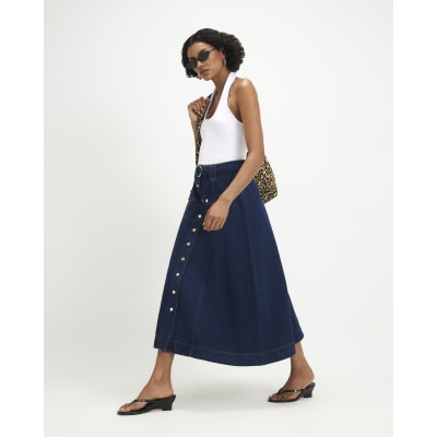 Belted Pocket Denim Midi Skirt