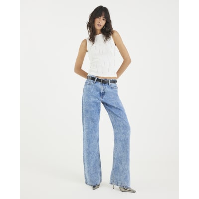Blue Belted Relaxed Straight Leg Jeans