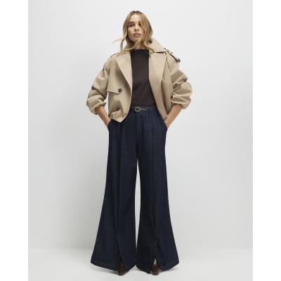 Blue Belted Split Hem Wide Leg Jeans