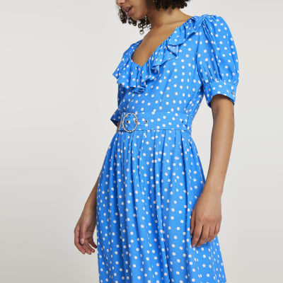 Blue belted spot print frill hem midi dress