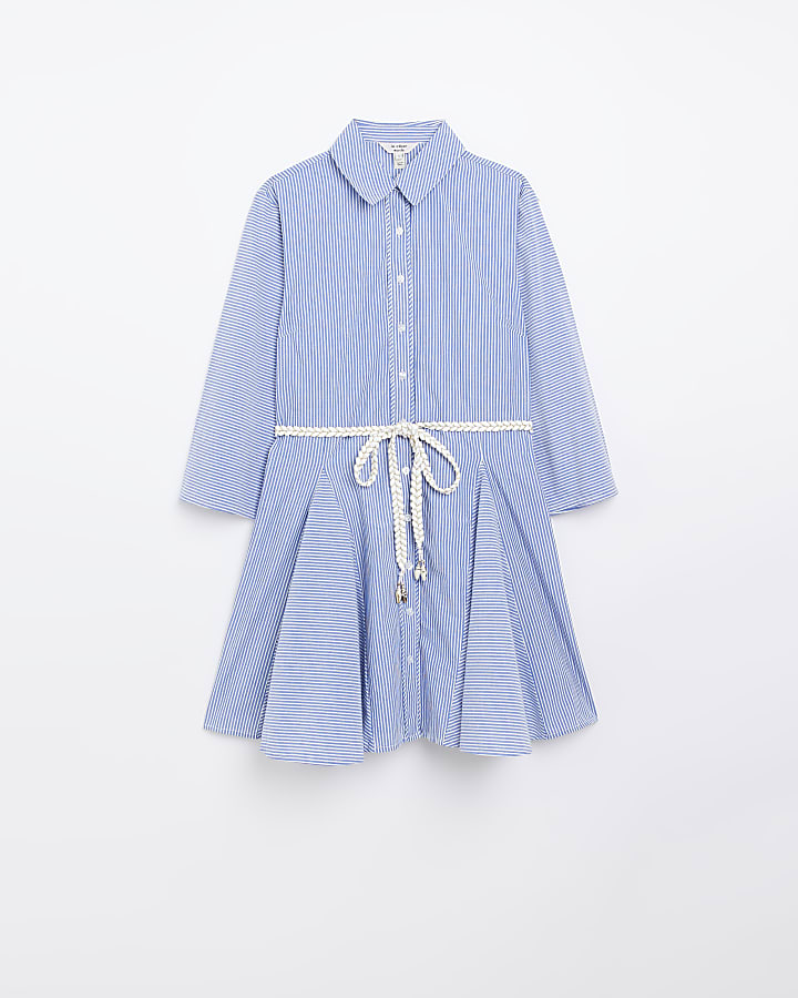 Blue Belted Stripe Mini Shirt Dress
