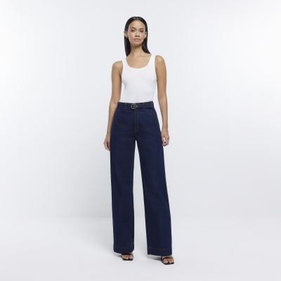 Blue belted wide leg jeans | River Island