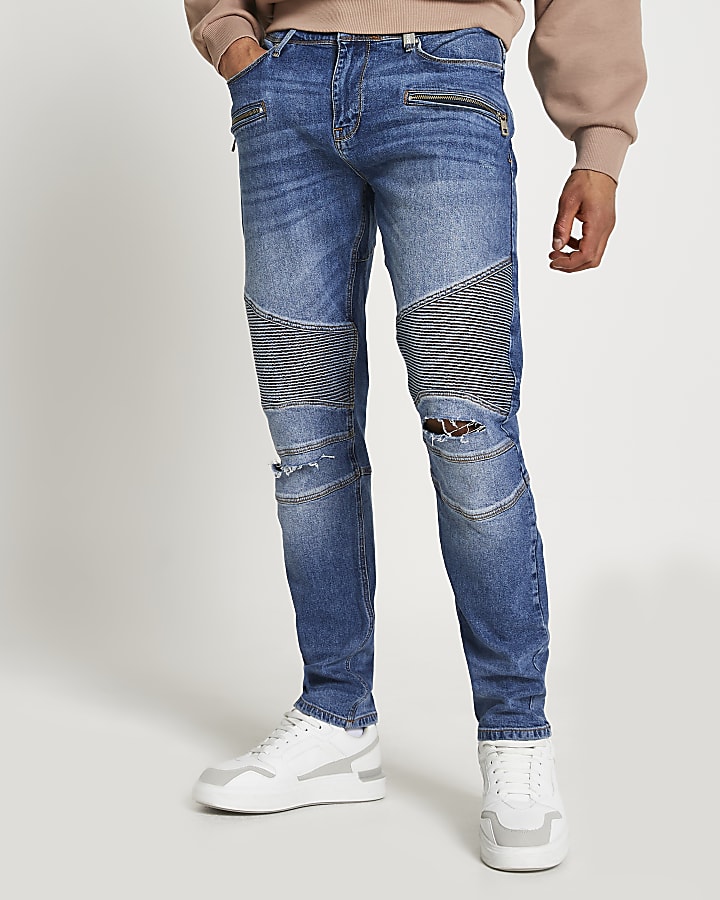 Blue biker ripped relaxed skinny fit jeans