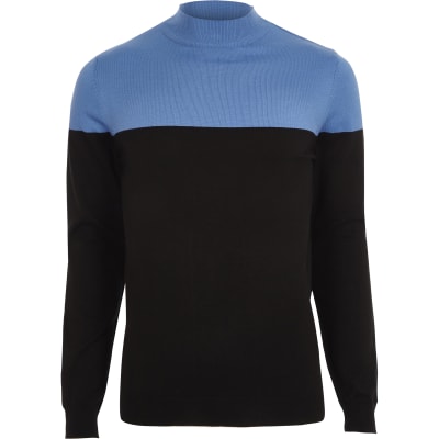 Blue block colour turtle neck slim fit jumper