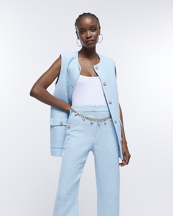 Blue boucle belted crop trousers