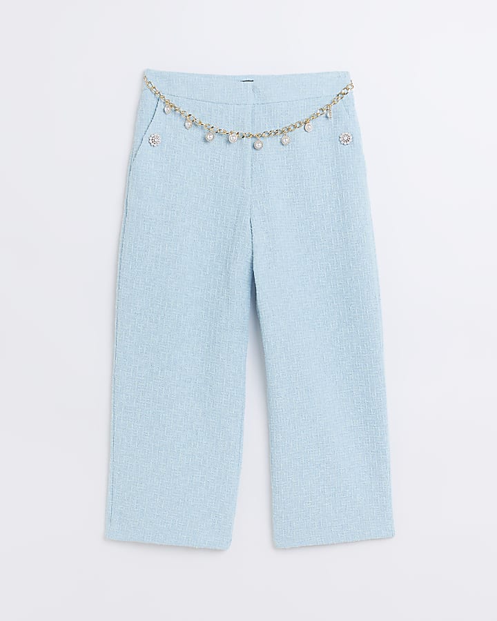 Blue boucle belted crop trousers