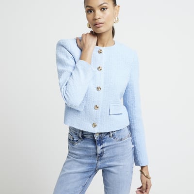 Blue boucle crop trophy jacket | River Island