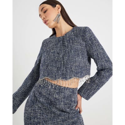 Blue Boucle Cropped Scallop Trim Jacket