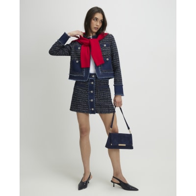 Blue Boucle Denim A line Mini Skirt
