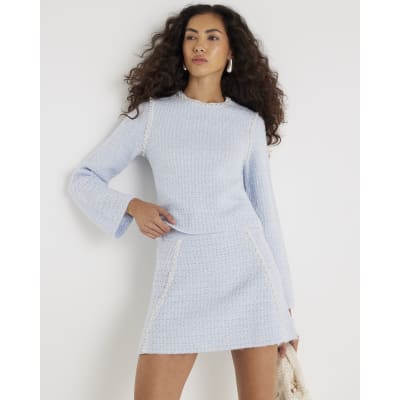 Blue Boucle Embellished Mini Skirt