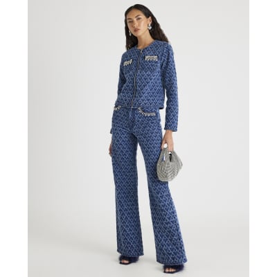 Blue Boucle Embellished Straight Leg Jeans